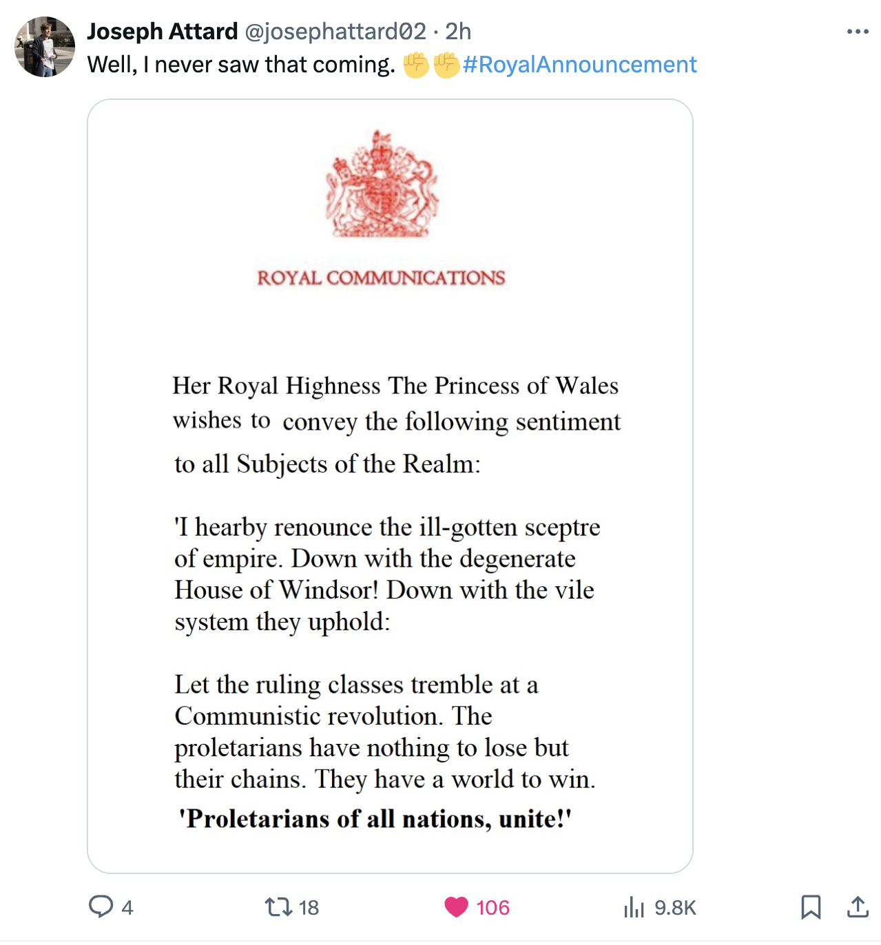 screenshot - Joseph Attard Well, I never saw that coming. Announcement Royal Communications Her Royal Highness The Princess of Wales wishes to convey the ing sentiment to all Subjects of the Realm 'I hearby renounce the illgotten sceptre of empire. Down w
